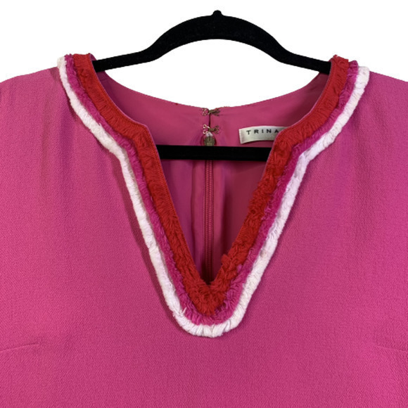 TRINA TURK Dress 4‎ Hot Pink Fringe Crepe Sheath Mini Preppy Resort Vacation - Picture 4 of 11